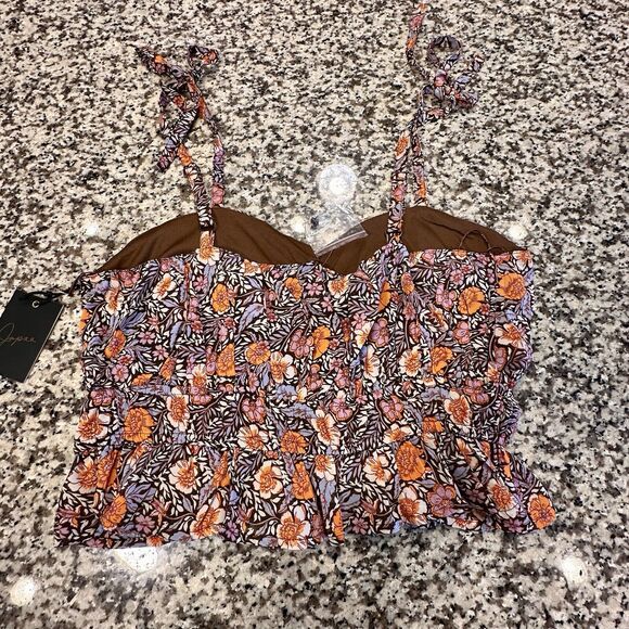 Jopra Flirty Crop Tank Top Womens Large Spaghetti Strap Floral Doll Bohemian - Picture 6 of 9